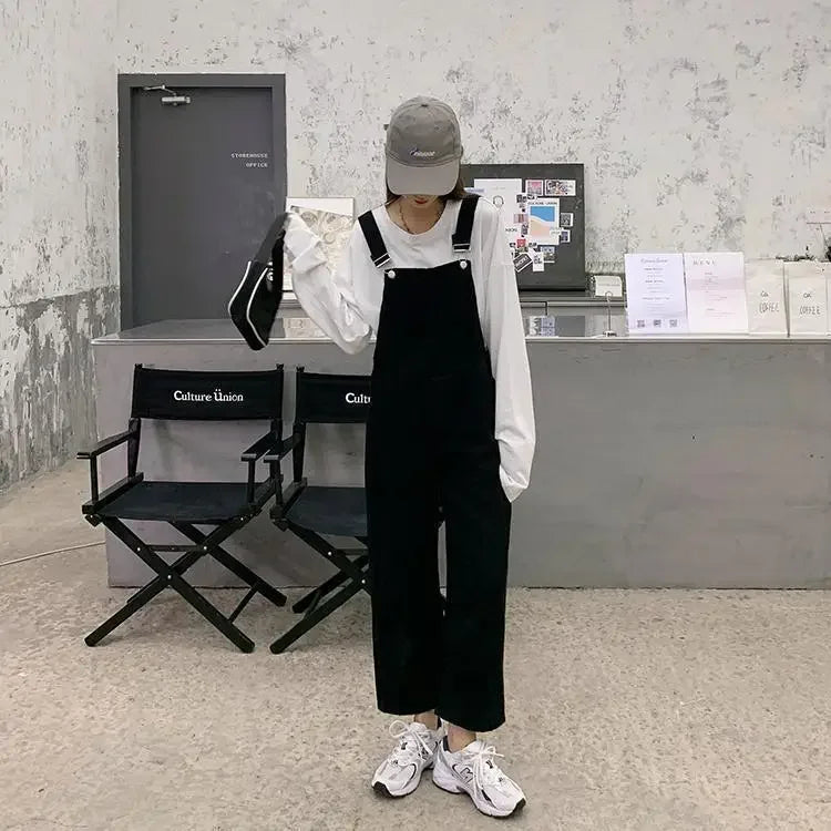 Jumpsuits Women Solid Retro Japanese Style Streetwear Denim Suspenders Trousers Harajuku Stylish Hip Hop Straight Overalls Teens.