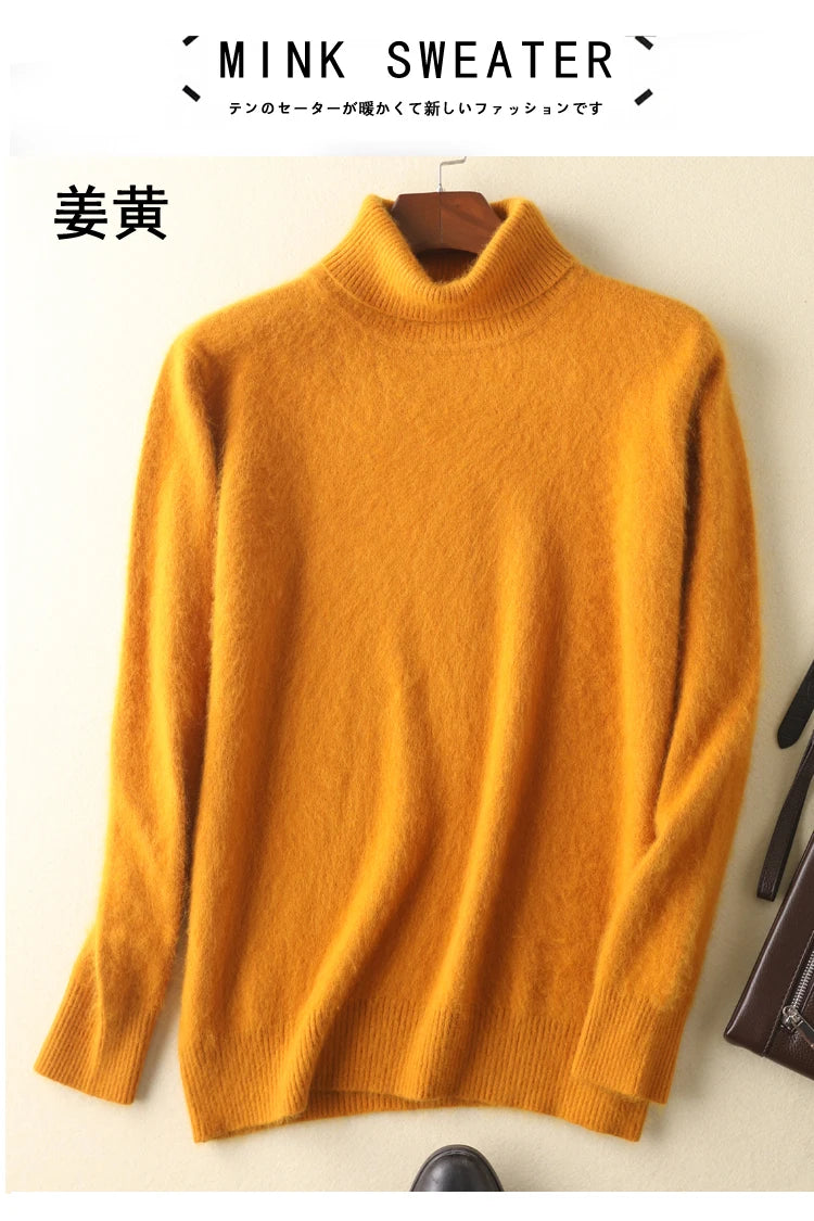Men's 100% pure Mink Knitted Sweater Turtleneck Large Size Casual Pullover Autumn Winter New Base Shirt Men Warm High Lapels Top