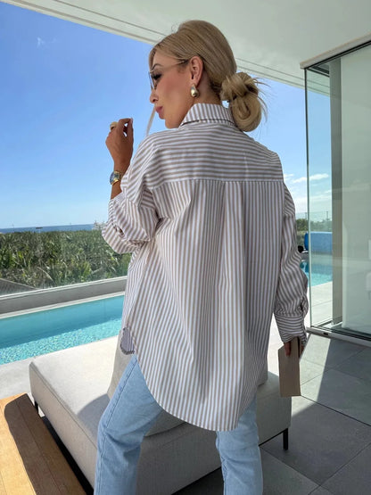 2025 New Women's Shirt Long Sleeve Striped Pocket Button Blue Casual Loose Top Street Office Pink Blouses.