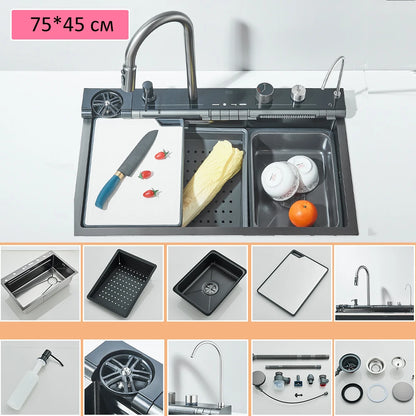 Küchenspüle aus Edelstahl 304, doppelter Wasserfall, Einzelschlitz, integrierte Digitalanzeige, Wasserhahn-Set, Seifenspender, Tassenwascher