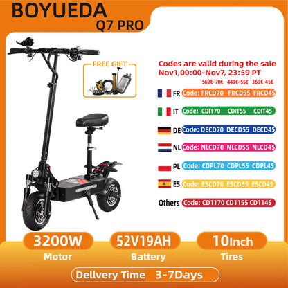 BOYUEDA Q7 PRO Adult EScooter 1600W*2 Dual Motor Foldable City E-Scooter 52V19AH 10” Tire Off-Road Electric Scooter.