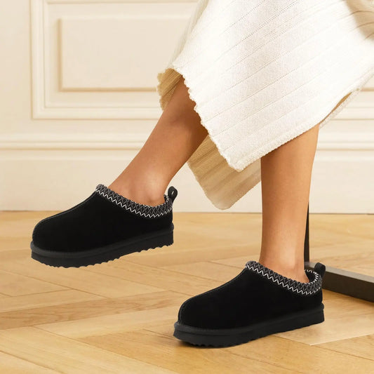 Litfun Winter Genuine Suede Snow Boots For Women Water Resistant Slides Soft Sole Ankle Boots Plush Lining Warm House Slippers.