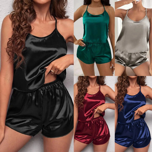 Damen Nachtwäsche sexy Spitze Satin Pyjama Sets Nachtwäsche ärmellose Tops Shorts 2 Stück Sets Pyjama Sets für Frauen Home Pijama 2024