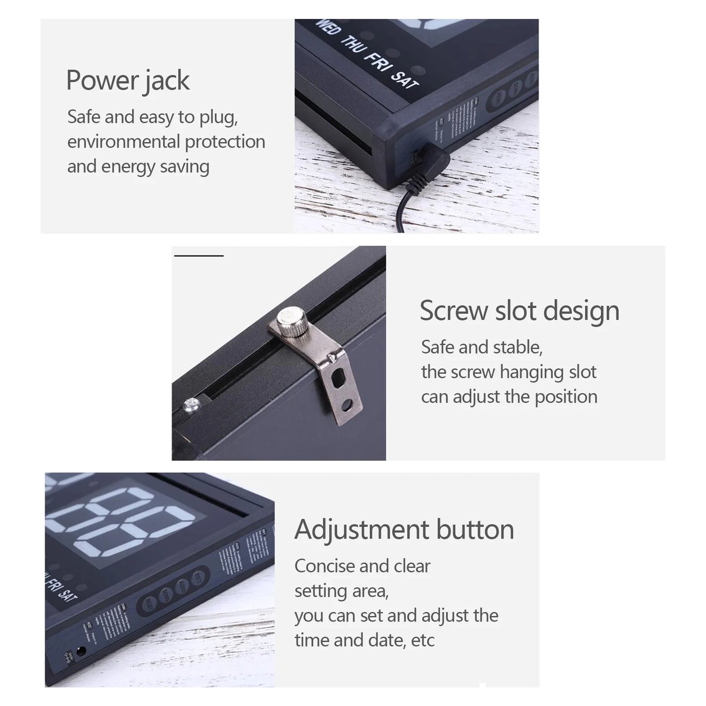 Übergroße digitale LED-Wanduhr – steckbar, automatischer Dimmer, großer Kalender und Thermometer (blau schwarz)