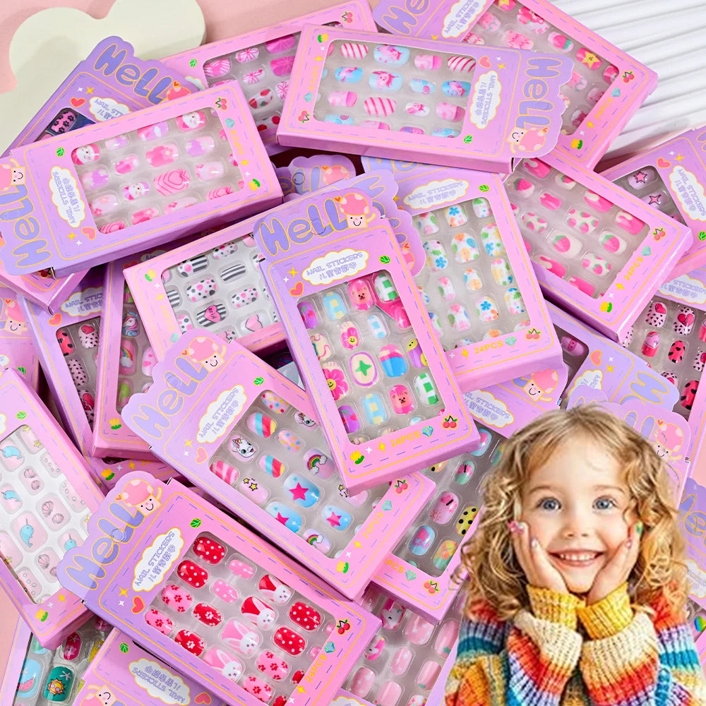 24Pcs/box Kids nails for Girl Cartoon Pattern False Nail Cute Child Fake Nails Tips Kawaii Acrylic Artificial Press on Nail+Tool.