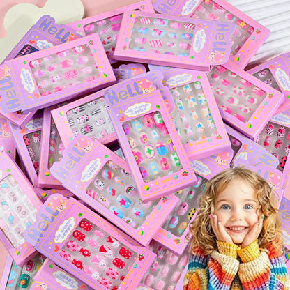 24Pcs/box Kids nails for Girl Cartoon Pattern False Nail Cute Child Fake Nails Tips Kawaii Acrylic Artificial Press on Nail+Tool.