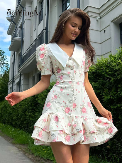 Beiyingni Neue In frauen Kleid Elegante Französisch Mode Schlank Kurzarm Mini Kleider Weibliche Rüschen Tasten V-ausschnitt Kurze Vestido.