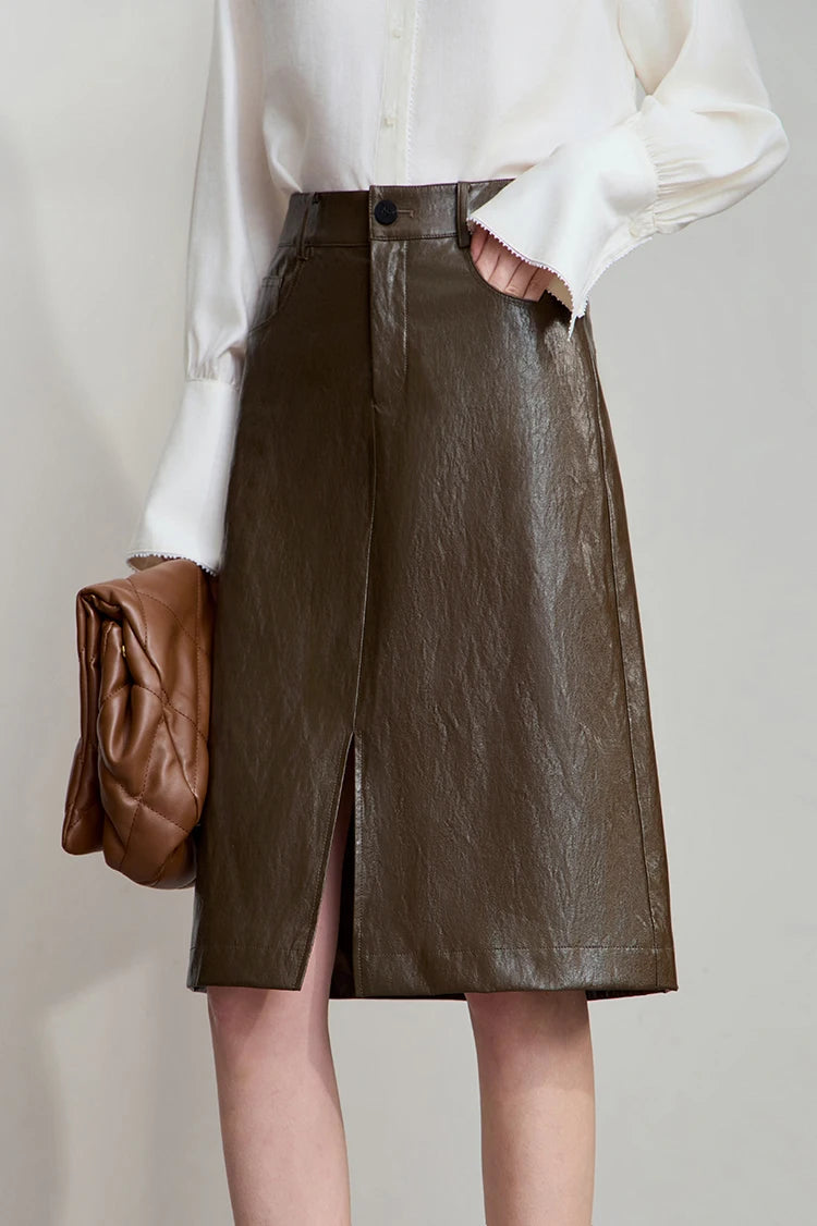 AMII Minimalist PU Leather Skirt For Women 2025 American Retro Knee-Length Skirt Solid Basics Business Women's Clothing 12553014.