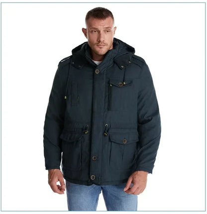 Men's Jacket WINTER USA SIZE Large SIZE Lamb Fleece JACKETS Hooded Cotton Thickened Multi Pocket Casual Mid length Coat