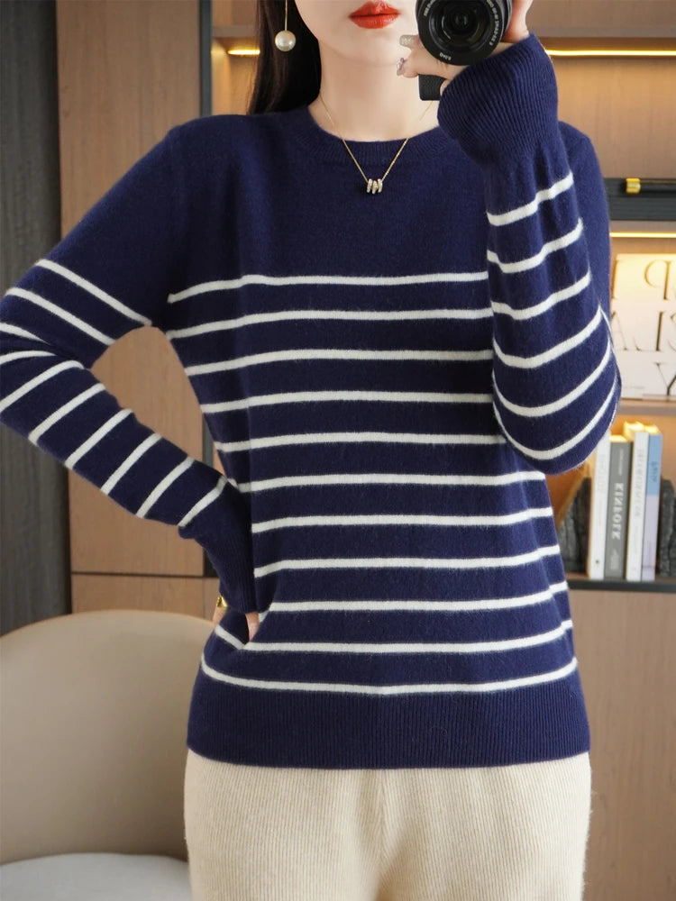 Herbst Winter neue Frauen O-Ausschnitt Farbe Streifen Pullover Wolle Mischung Mode weichen warmen Pullover Kaschmir lose lässig Strick Base Top