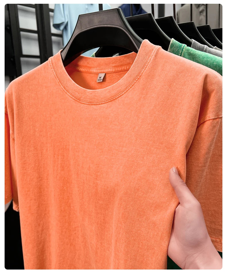 Personality washed vintage short sleeve T-shirt high-end 100% pure cotton men fashion round neck comfort lightweight casual top.