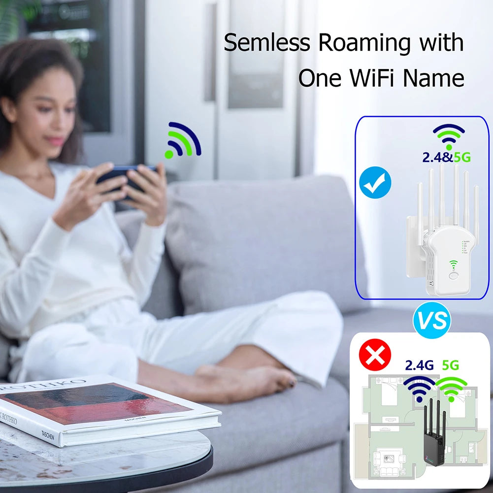 1200Mbps 5GHz Wireless WiFi Repeater WiFi Signal Booster Dual-Band 2.4G 5G WiFi Extender 6 Antenna Network Amplifier WPS Router.