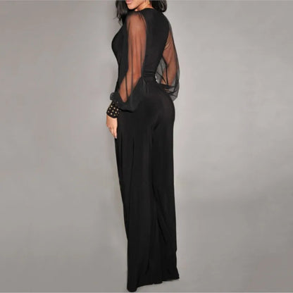 Autumn New Women's Jumpsuit Black V-neck Mesh Splicing Wide-leg Pant Female One-piece Jumpsuit Sexy Streetwear Clothes.