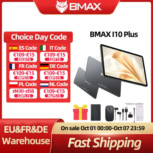 BMAX I10 Plus Android 15 10.1" HD Screen 4GB+8GB Expansion 128GB Storage UNISOC T606 ARM Mail G57  Dual Band Wi-Fi Tablet.
