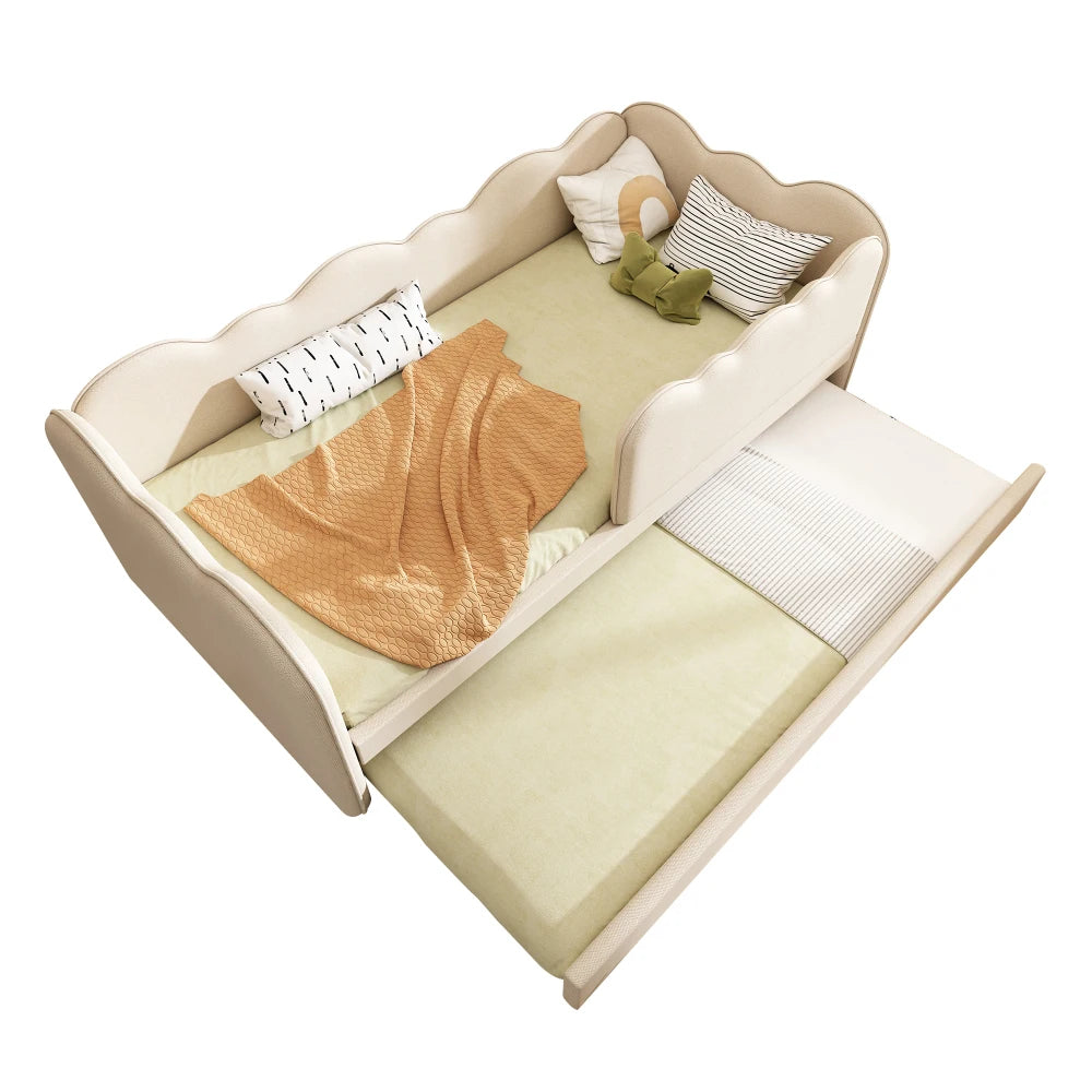 Gepolstertes Tagesbett 90x190cm, Tagesbett Schlafsofa mit ausziehbarem Bett 90x190cm, Kinderbett mit Gitter ohne Matratze