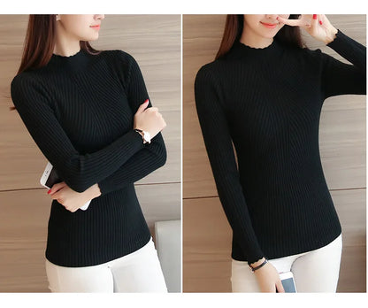 2025 herbst Frauen Mock Neck Rüschen Pullover Langarm Gestrickte Bodenbildung Solide Pullover Streifen Frauen Casual Pullover Winter