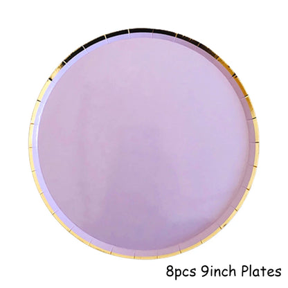 Purple Gold Party Paper Cup Plate Straw For Birthday Carnival Kids Favors Wedding Decor Disposable Tableware Party Supplies.