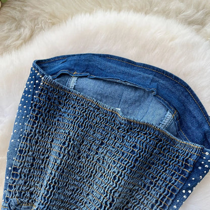 Denim Pant Set Women Two Piece Sets Sexy Matching Sets Sleeveless Short Tops Long Flare Pants High Waist Slim Hot Diamond.