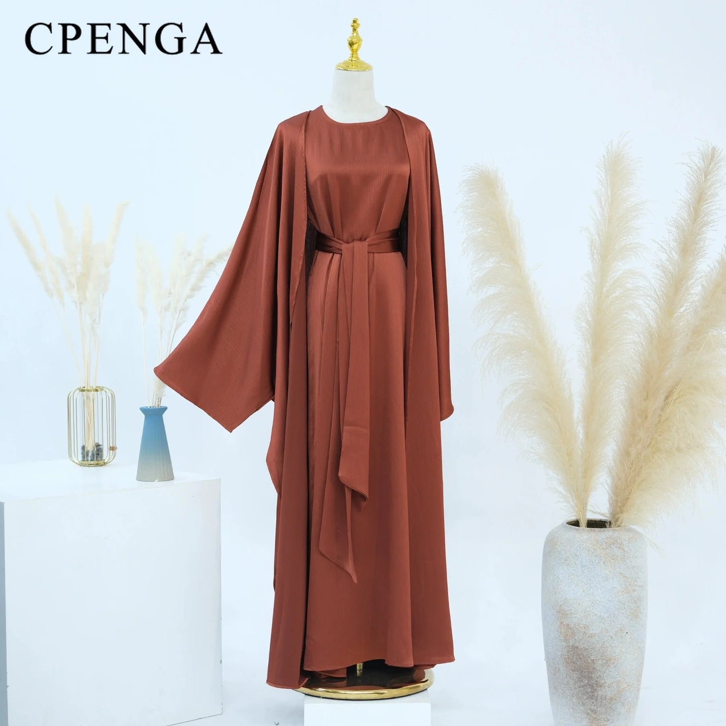 Two Piece Arabic Outfit Set for Muslim Women Elegant Modest Abaya Dress with Inner Ramadan Islamic Coat New Turkish Kaftan Robe.