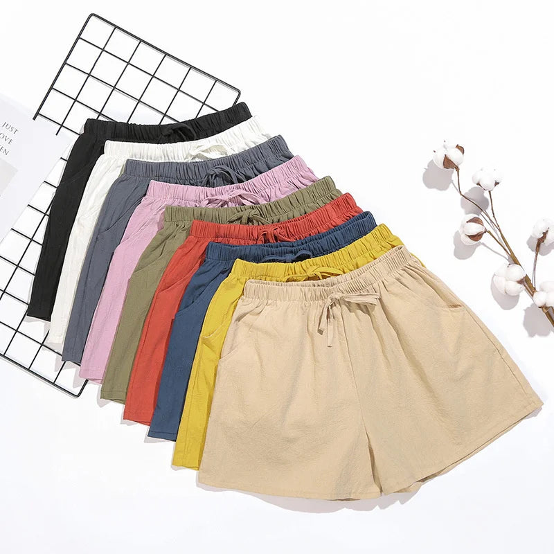 Summer Cotton Linen Shorts Women's Sports Shorts Solid High Waist Black Shorts Women Fashion Casual Basic Short.