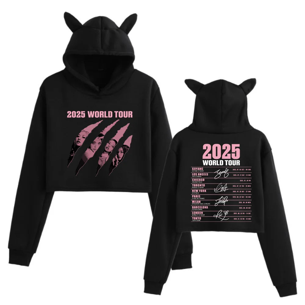 2025 Black World Tour Merch Cat Ears 2 Sided Long Sleeve Crop Tops Girls Fashion Hoodie.