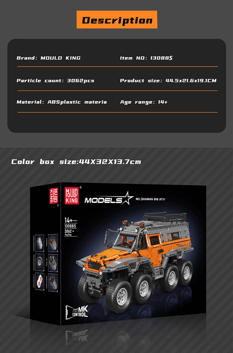 Mould King 13088 13089 Technical Car Toys The RC Avtoros Shaman 8x8 Building Block Assembly Car Brick Set Kids Christmas Gift.