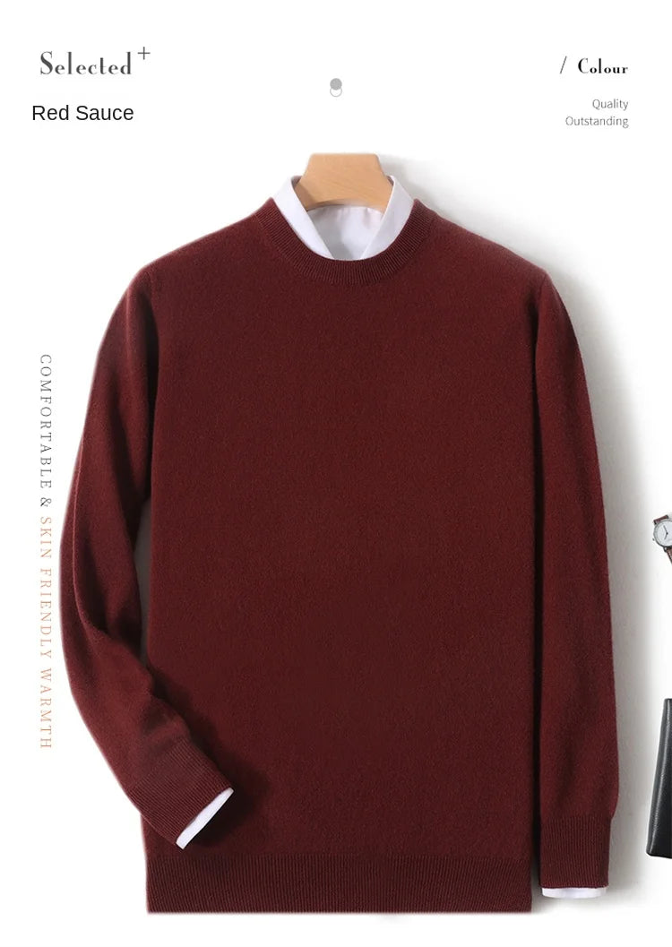 2025 100% Pure Merino Wool Men's Round Neck Pullover Solid Color Plus Size Casual Sweater Autumn And Winter Sports Cashmere Top