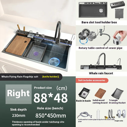 Stainless Steel Kitchen Sink with Waterfall Extra Large Single Slot Digital Display Dishwashing Basin Includes Sinks 100x50cm
