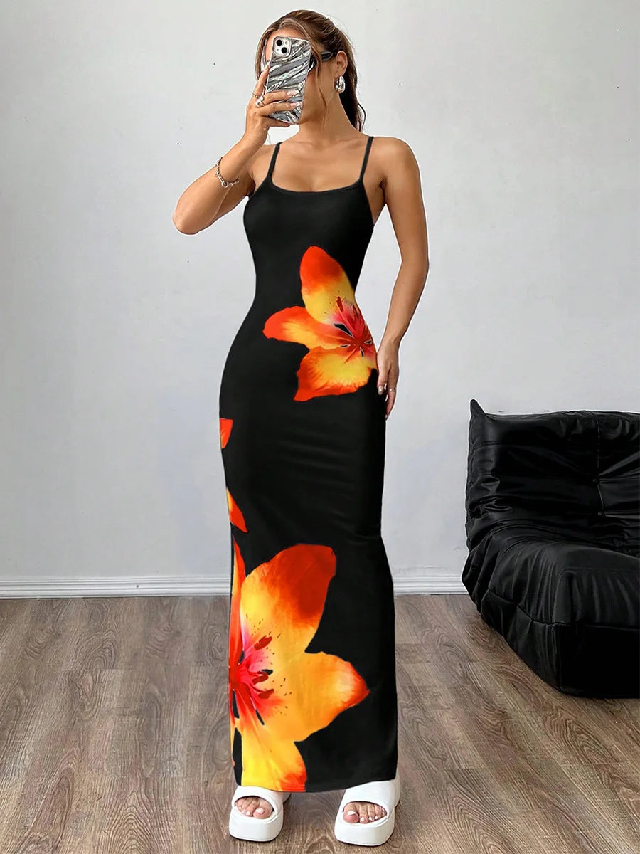 Frauen Floral Bedruckte Spaghetti Strap Slash Neck Maxi Kleid Sommer Backless Sexy Bodycon Strand Urlaub Urlaub Party Lange Dresse.