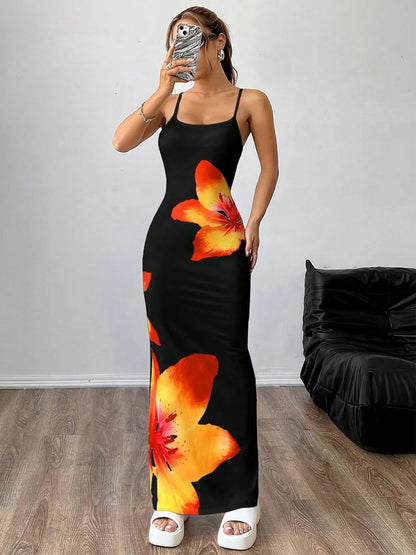 Frauen Floral Bedruckte Spaghetti Strap Slash Neck Maxi Kleid Sommer Backless Sexy Bodycon Strand Urlaub Urlaub Party Lange Dresse.
