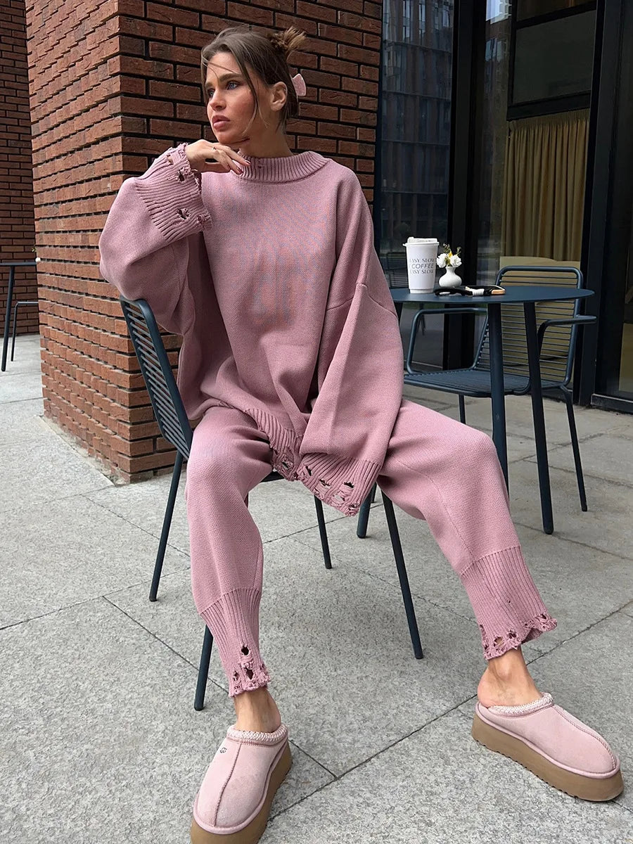 Bornladies Autumn Winter Women's New Turtleneck Knit Sweater Skinny Knit Pants Set Soft Oversized Ripped Hem Fashion Pullover.