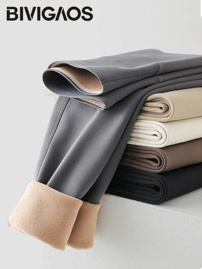 BIVIGAOS Autumn Winter High Waist Fleece Sharkskin Leggings Women Seamless Slim Tight-Fit Velvet Thickened Elastic Warm leggings.