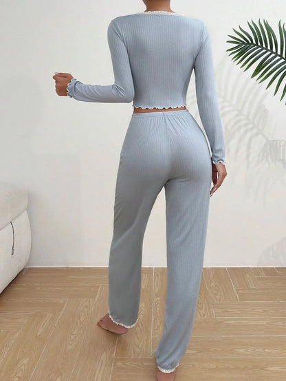 2024 Autumn Winter Homewear Pajamas Set for Women Long Sleeves Shirt Trousers 2 Pieces Sexy Lace Pijamas Sleepwear Loungewear.