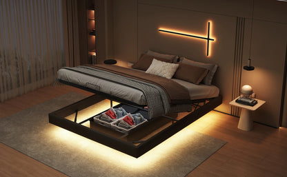 Lazyspace Bettgestell 160 x 200 cm mit LED-Beleuchtung und Stauraum, schwebender Bettrahmen mit Metalllattenrost, ohne Matratze