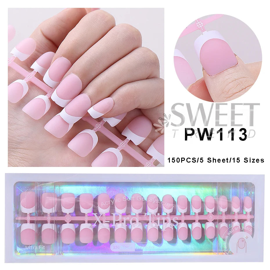 160pcs White Pink French Fake Press on Fake Nails Tips Short Square Full Cover Artificial Acrylic Fake Toenails For Nail Salons.