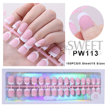 160pcs White Pink French Fake Press on Fake Nails Tips Short Square Full Cover Artificial Acrylic Fake Toenails For Nail Salons.