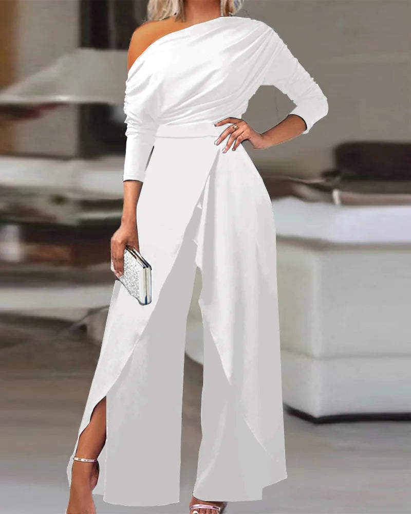 Elegant Jumpsuits for Women 2025 Spring New Plain Elegant Office Lady Loose Ruched Cold Shoulder Split Hem Wide Leg Jumpsuit.