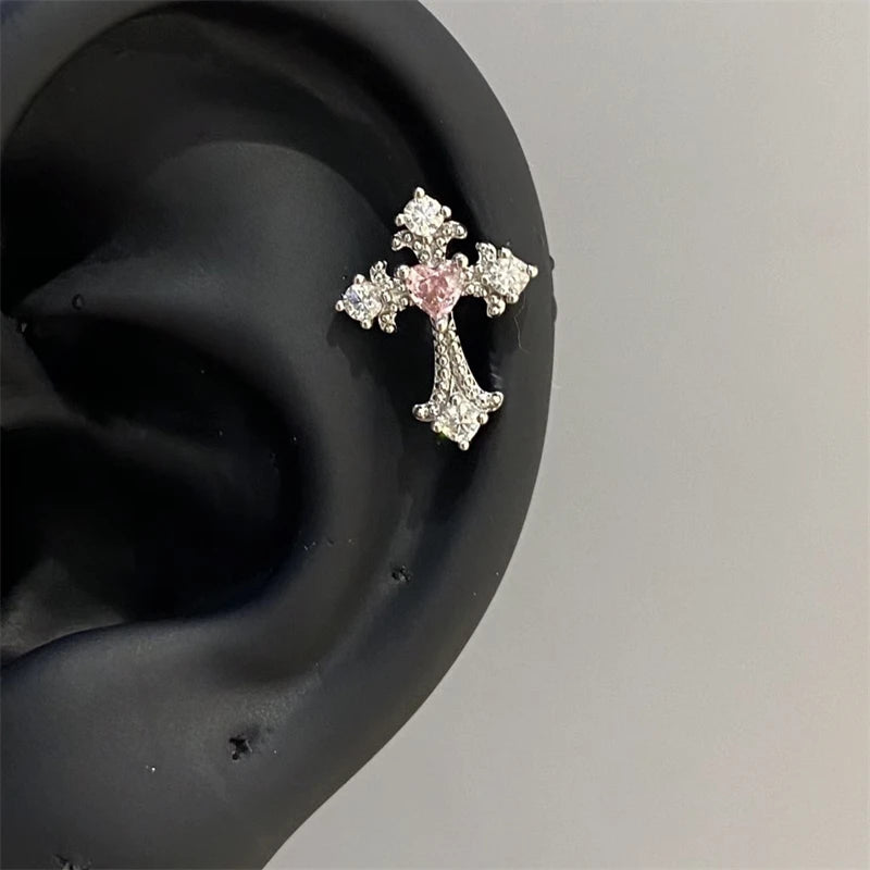 1pcs Quality Shiny Cross Zircon 316L Stainless Steel Ear Bone Nail Y2K Style Silver Color Earring for Women Cochlear Accessories