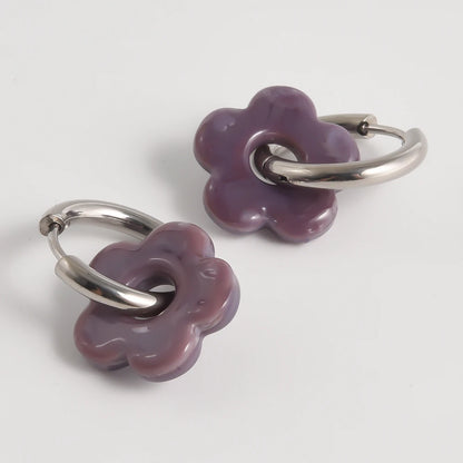 Colorful Flower Glass Drop Charms Earring Gold Color Circle Ear Buckle Hoops Stainless Steel Earrings Fashion Jewelry for Women