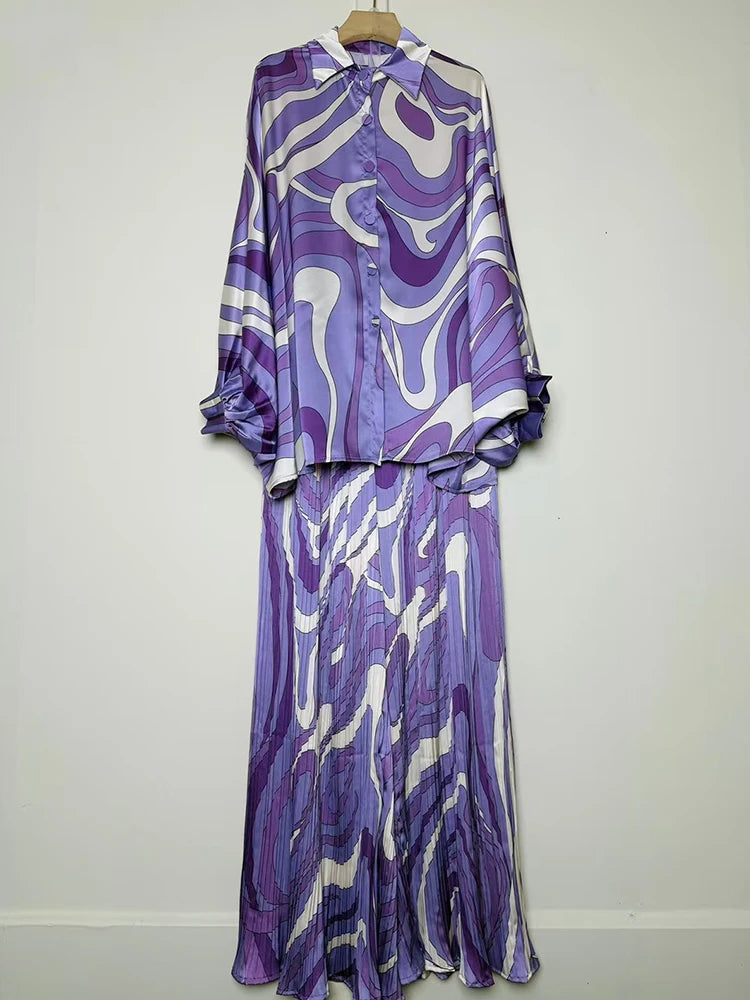 Designer's retro geometric print loose shirt two-piece set for Spring 2025 women's wear + pleated wide-leg pants fashion set.