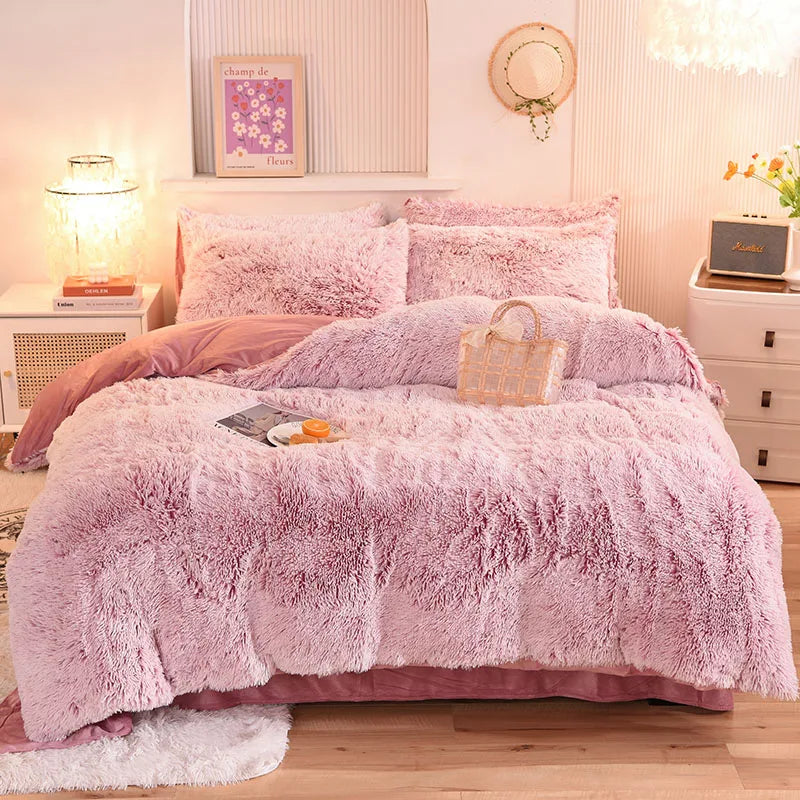 3Pcs Super Shaggy Coral Fleece Warm Cozy Princess Bedding Set Mink Velvet Duvet Cover Set Bed Comforter Cover Blanket Pillowcase