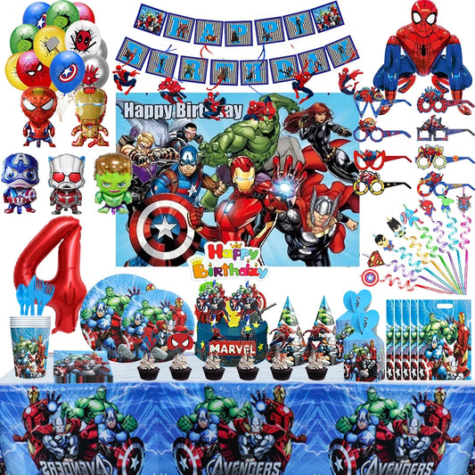 Marvel Avengers Geburtstagsdekoration Superhelden-Thema Geschirr Tassen Teller Spiderman Iron Man Luftballons Partyzubehör für Kinder Jungen.
