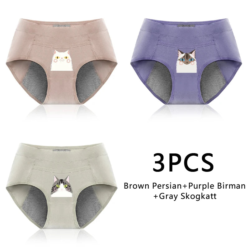 3PCS Cotton Menstrual Panties Leak Proof Breathable Cartoon cat Panties Woman Women Girls Physiological Pants Women's Intimates
