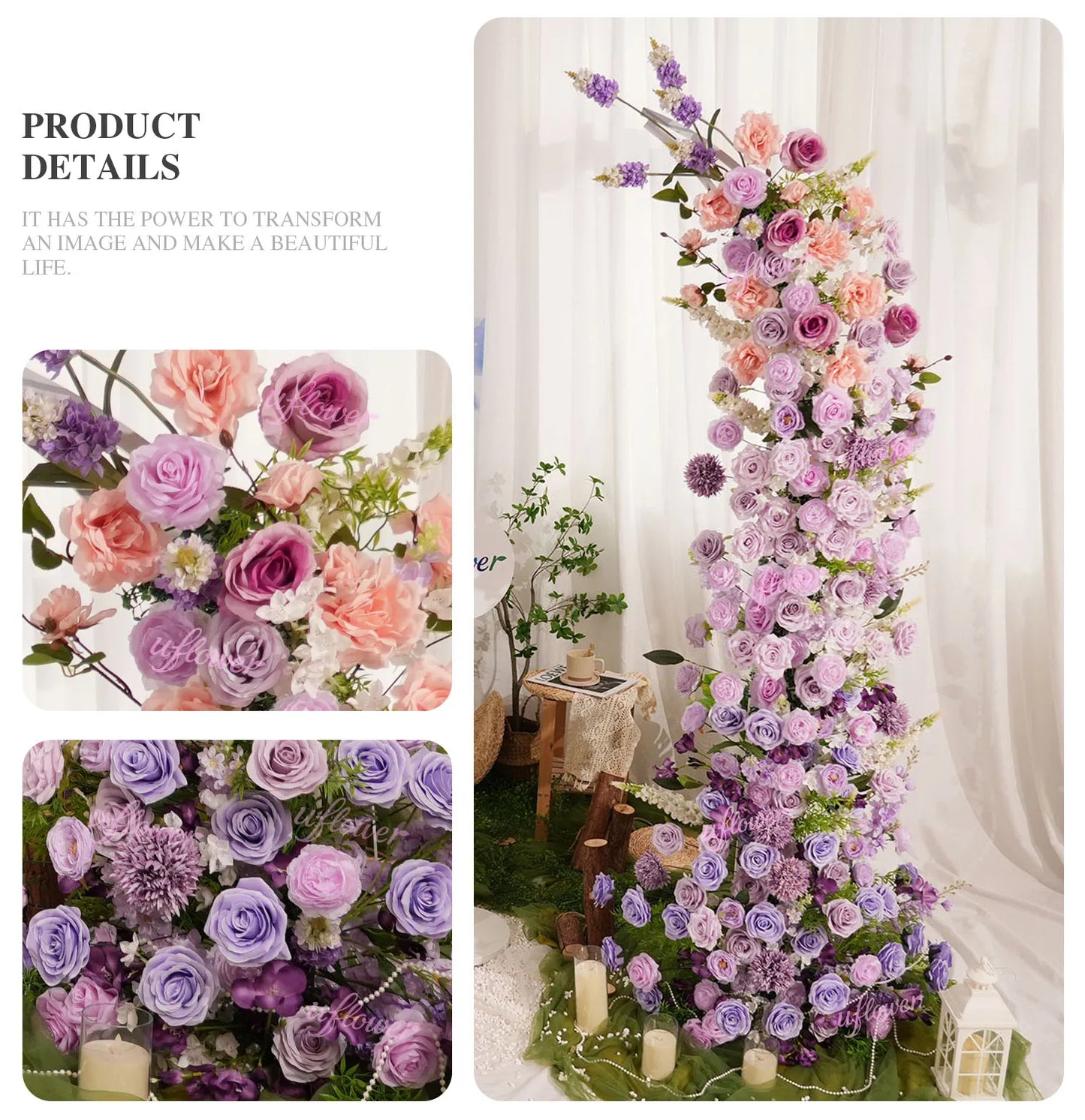 Uflower Gradient Lila Rose Blumenbogen Künstliche Dekorationen für Hochzeit Hintergrund Event Party Blumenarrangement Horn.