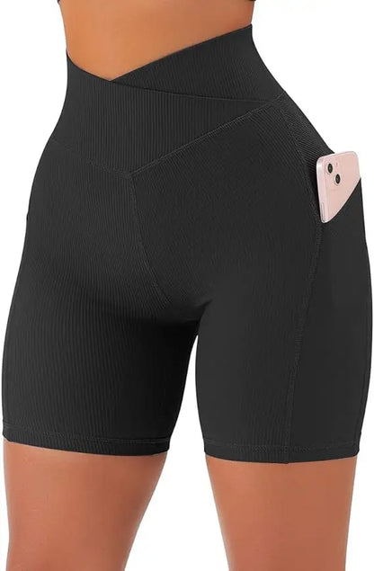 Sports Short Women Cross Workout Yoga Shorts with Pockets 5" High Waist Booty Biker Short.