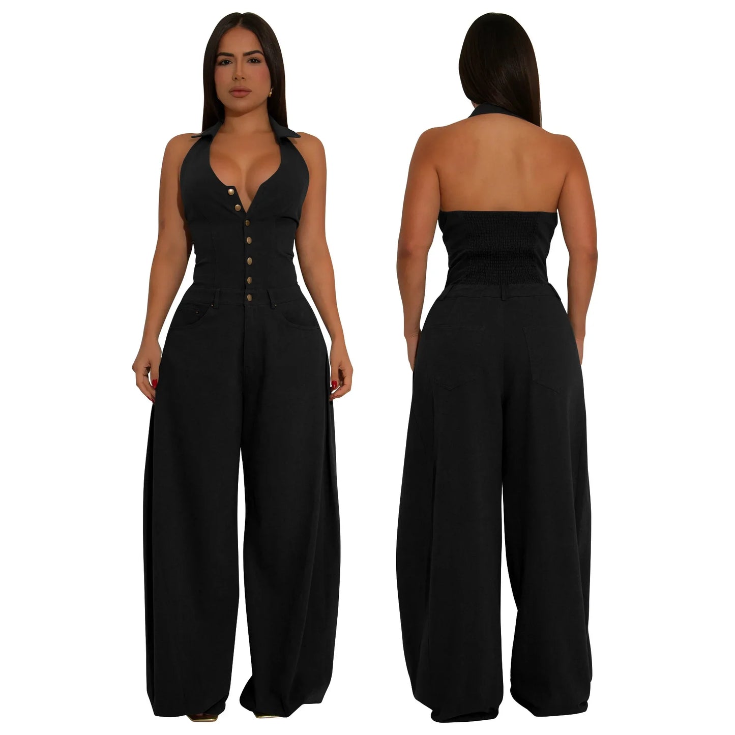 Fashionable Backless Casual Romper with Pockets for Women Summer Breathable Lightweight Solid Color One-Piece Suit.