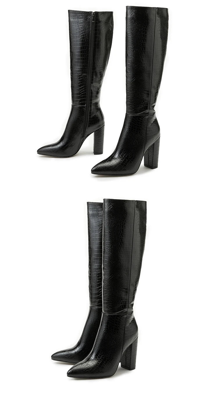 Aneikeh Pointed Thick Heels Knee Long Boots Women's 2025 Spring/Autumn Patent Leather Crocodile Pattern Panel Side Zipper Boots.
