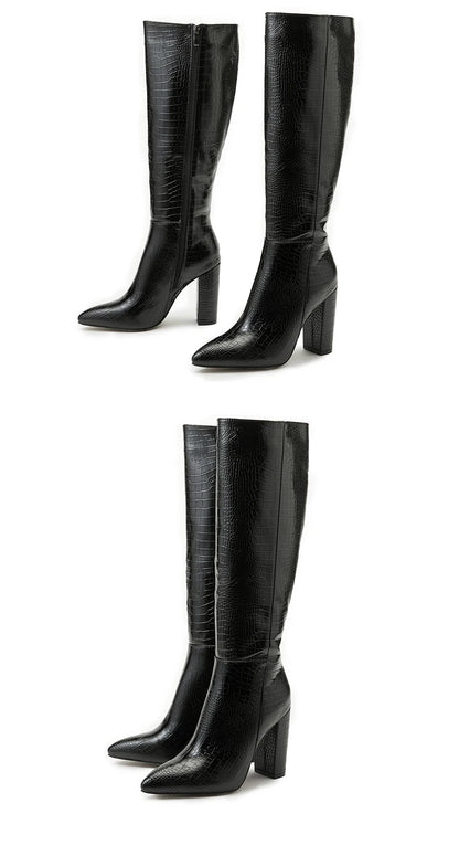 Aneikeh Pointed Thick Heels Knee Long Boots Women's 2025 Spring/Autumn Patent Leather Crocodile Pattern Panel Side Zipper Boots.