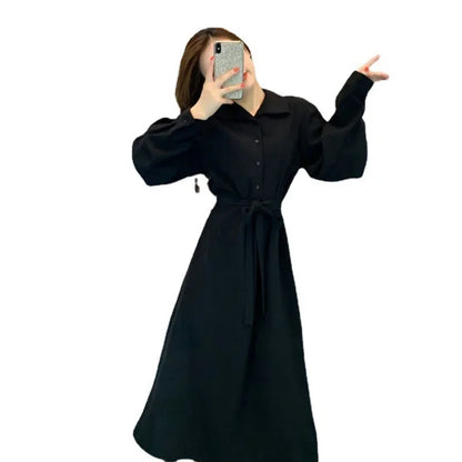 Hebenopis Damen Langes Kleid 2025, Frühling und Herbst, neues, tailliertes, schlankmachendes, elegantes schwarzes Kleid, Kleidung, schmale Passform für Damen.