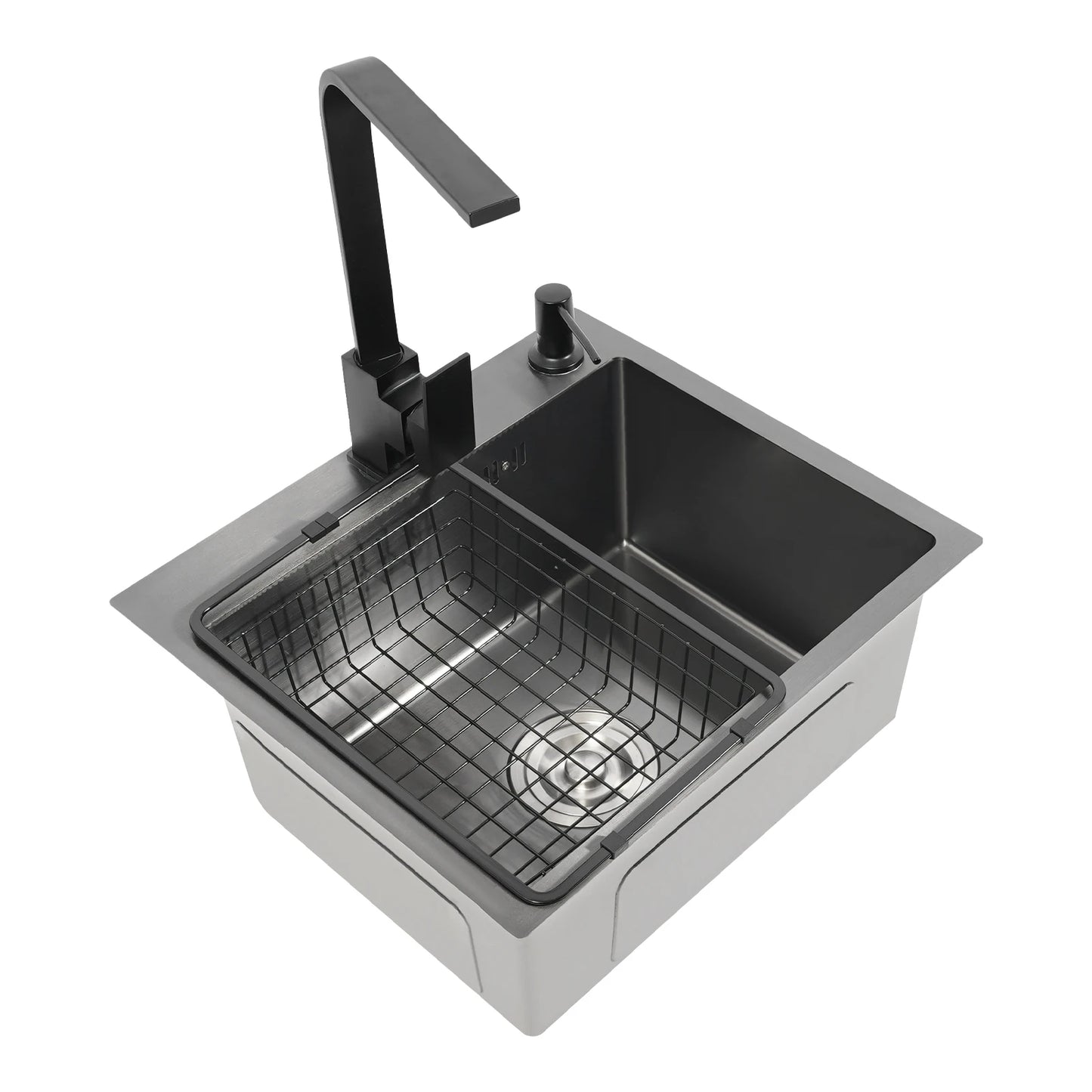 Schwarzes Küchenspülbecken-Set, Spüle aus Edelstahl 30 mit großem Fassungsvermögen und drehbarem Wasserhahn, Keramik-Ventilkern, geruchsfestes Spülbecken